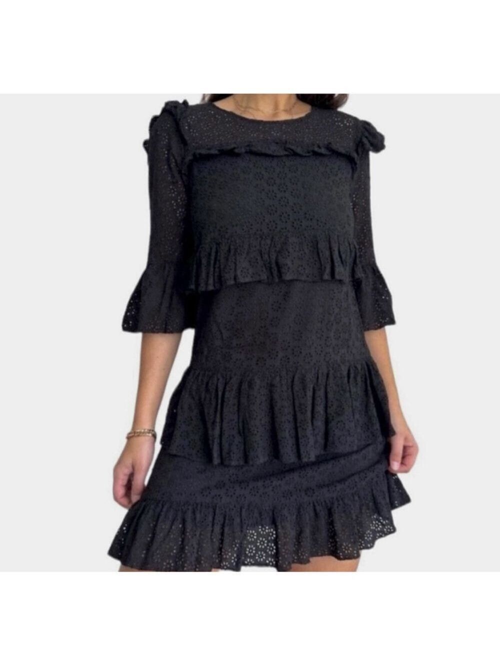 MADEWELL Boho Eyelet Waterlily Ruffle Tiered Mini Dress Size 8 Black Bell Sleeve